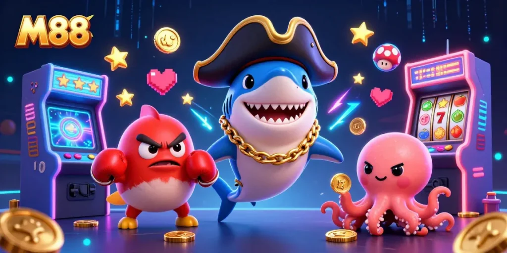 Engage players with M 88's immersive casino action featuring vibrant characters and gaming elements.