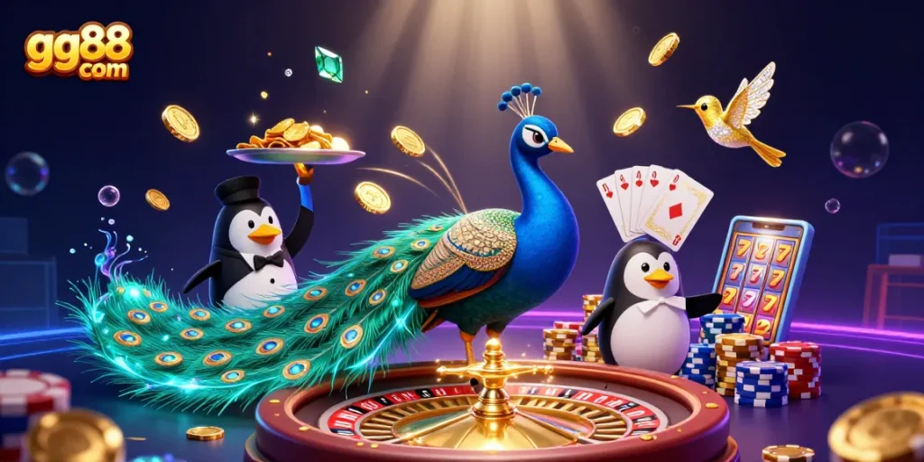 Experience the thrill of gg88 com with vibrant 3D casino scene featuring peacock, penguin, and golden treasures.