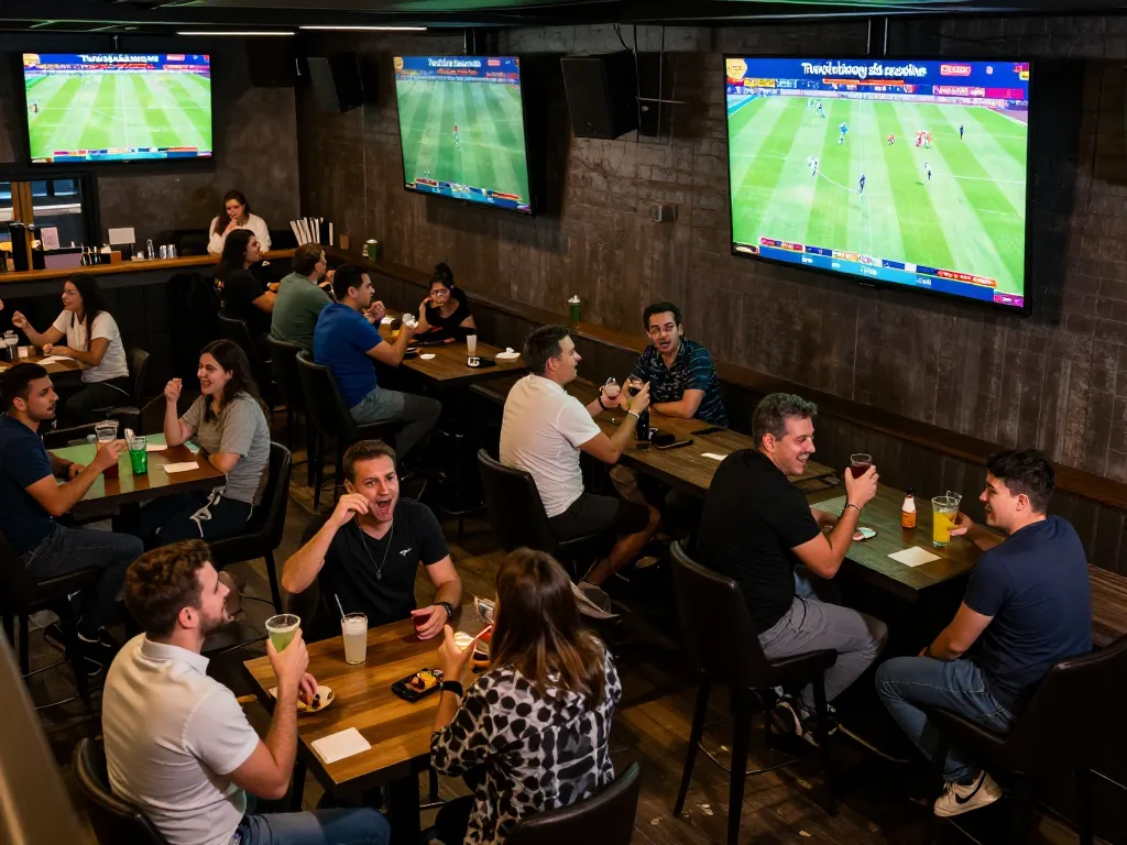 Exciting scene of patrons enjoying "Trực tiếp bóng đá socolive" at a lively sports bar with multiple screens displaying live matches.