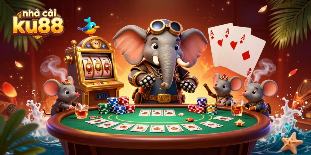 Engage with nhà cái ku88 through an exciting 3D scene featuring steampunk elements and vibrant casino action.