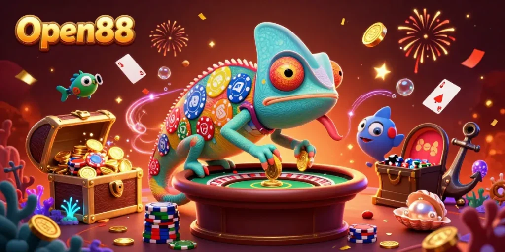 Open88 garners excitement with a colorful, dynamic 3D illustration of gaming adventures.