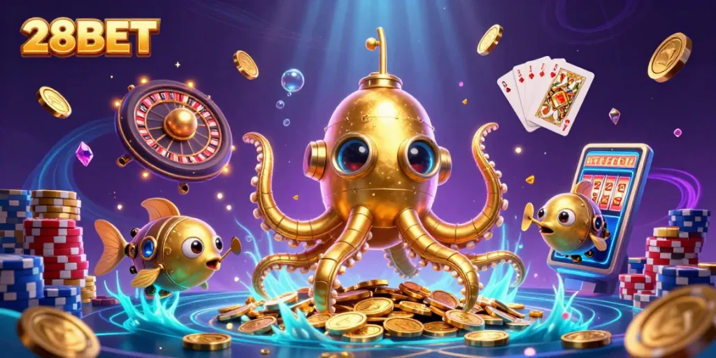 Experience thrilling gameplay at 28BET with captivating visuals of a golden kraken and coins.
