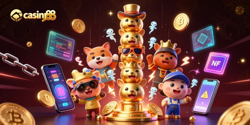 Engage in thrilling gameplay at casino bj88 with a vibrant 3D casino scene featuring unique characters and crypto elements.