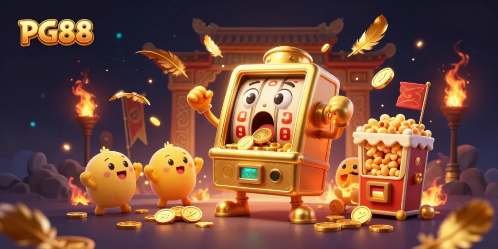 Spin the PG88 golden slot machine, as coins cascade and excitement builds in a vibrant casino scene.