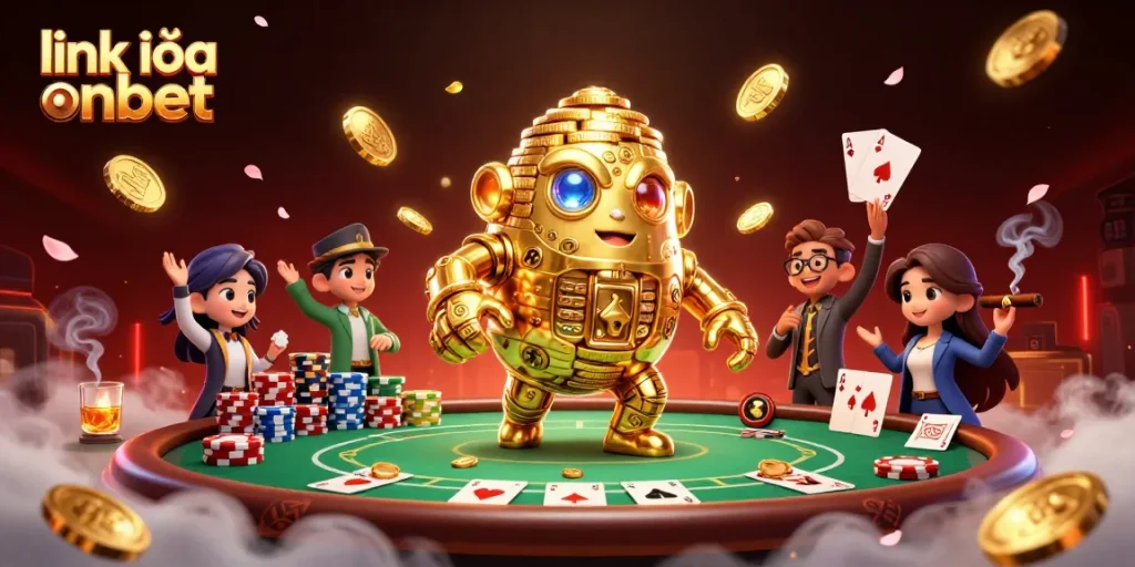 Spin the reels at link vào onbet with a golden golem amidst chips and cards.