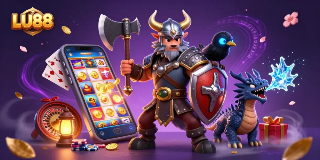 Engage with LU88's vibrant slot games featuring a Viking warrior and mystical dragon.