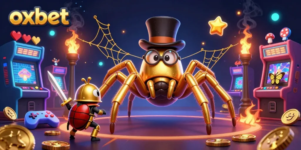Experience thrilling gaming at OXBET with a vibrant 3D casino illustration featuring dynamic characters and games.
