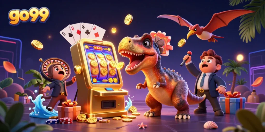 go99 casino characters striking a jackpot among colorful slot elements in an exciting scene