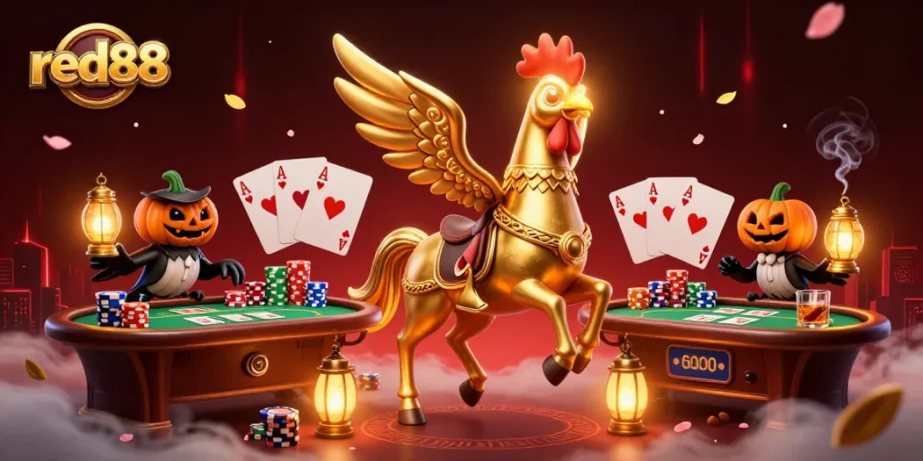 Engage in thrilling gaming at red88 with a vibrant illustration of a golden rooster in a casino.