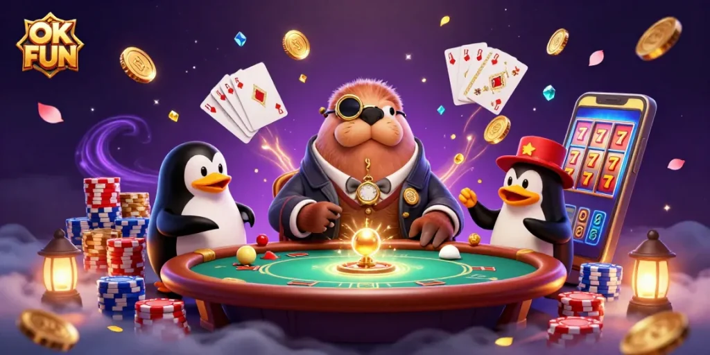 Engage in poker with the OK FUN walrus and friends at an underwater casino setting.