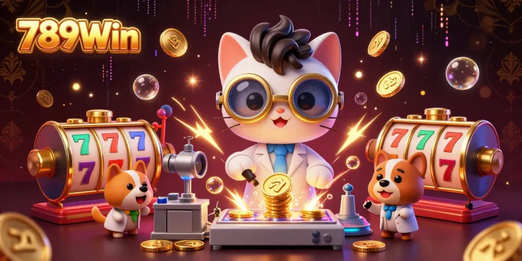 Experience the excitement of 789Win with a dynamic 3D illustration featuring slot reels and playful characters.