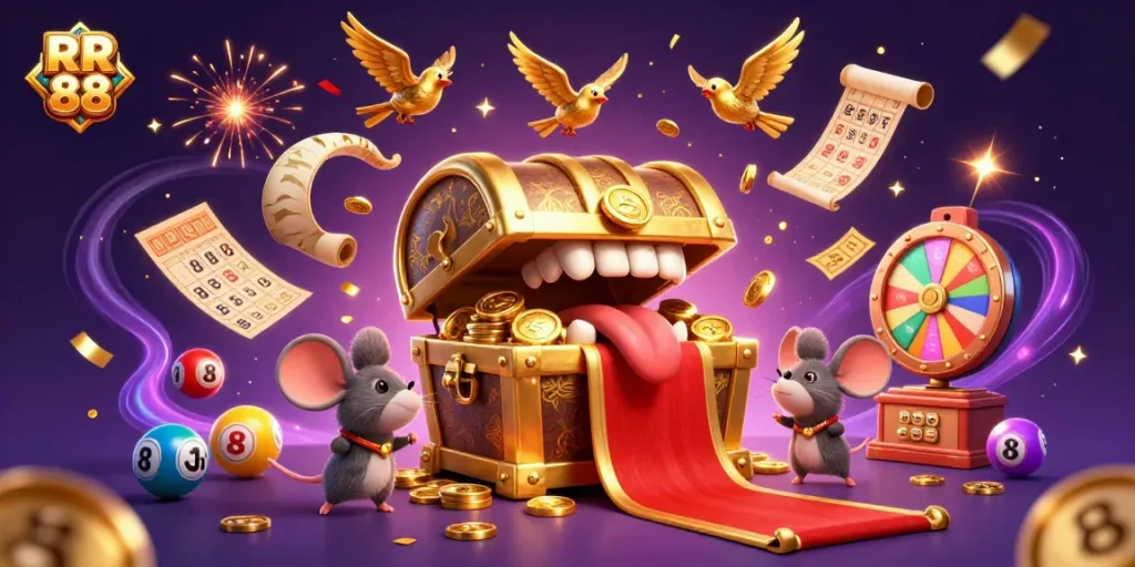 RR 88 offers thrilling chances for winning with colorful lottery balls bouncing and treasure chest charm.