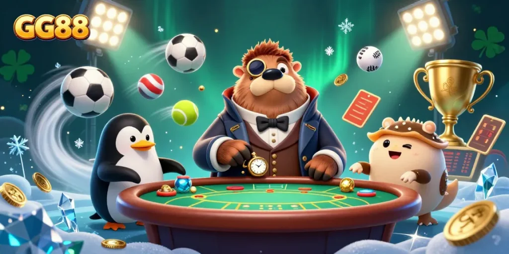 Experience thrilling gameplay at GG88 with a jolly walrus and friends at a vibrant casino.
