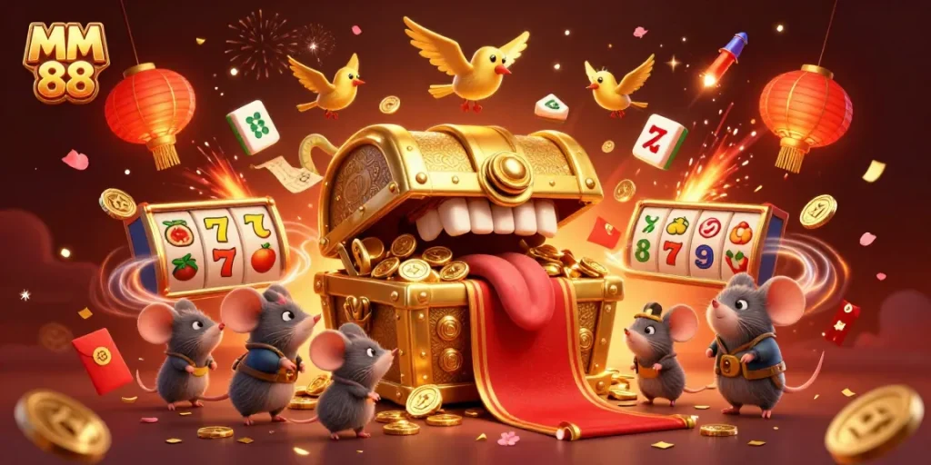 Engage with MM 88's thrilling slots experience featuring rich golden treasures and vibrant festival elements.