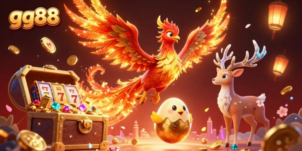 Enhance your gaming experience with gg88, showcasing a dynamic scene of a phoenix and magical elements in a casino setting.