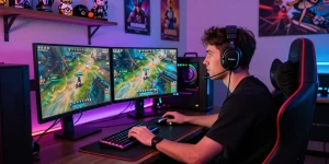 Gamer enjoying intense gameplay at a stylish setup featuring rokok88 login, RGB lights, and high-performance gear.