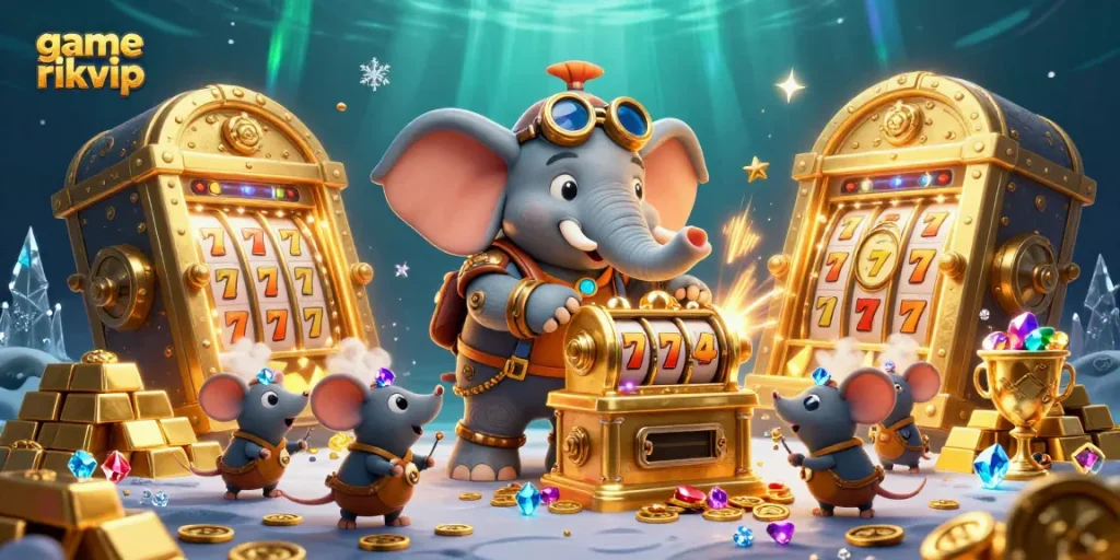 Experience the excitement of game rikvip with a steampunk elephant, slot machine, and treasure galore!